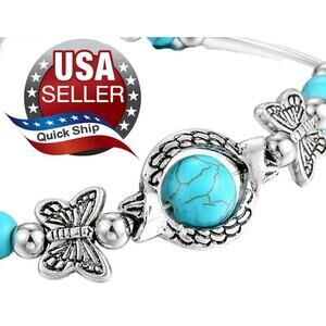 Silvertone Butterfly Native American Style Elegant Faux Turquoise Bracelet